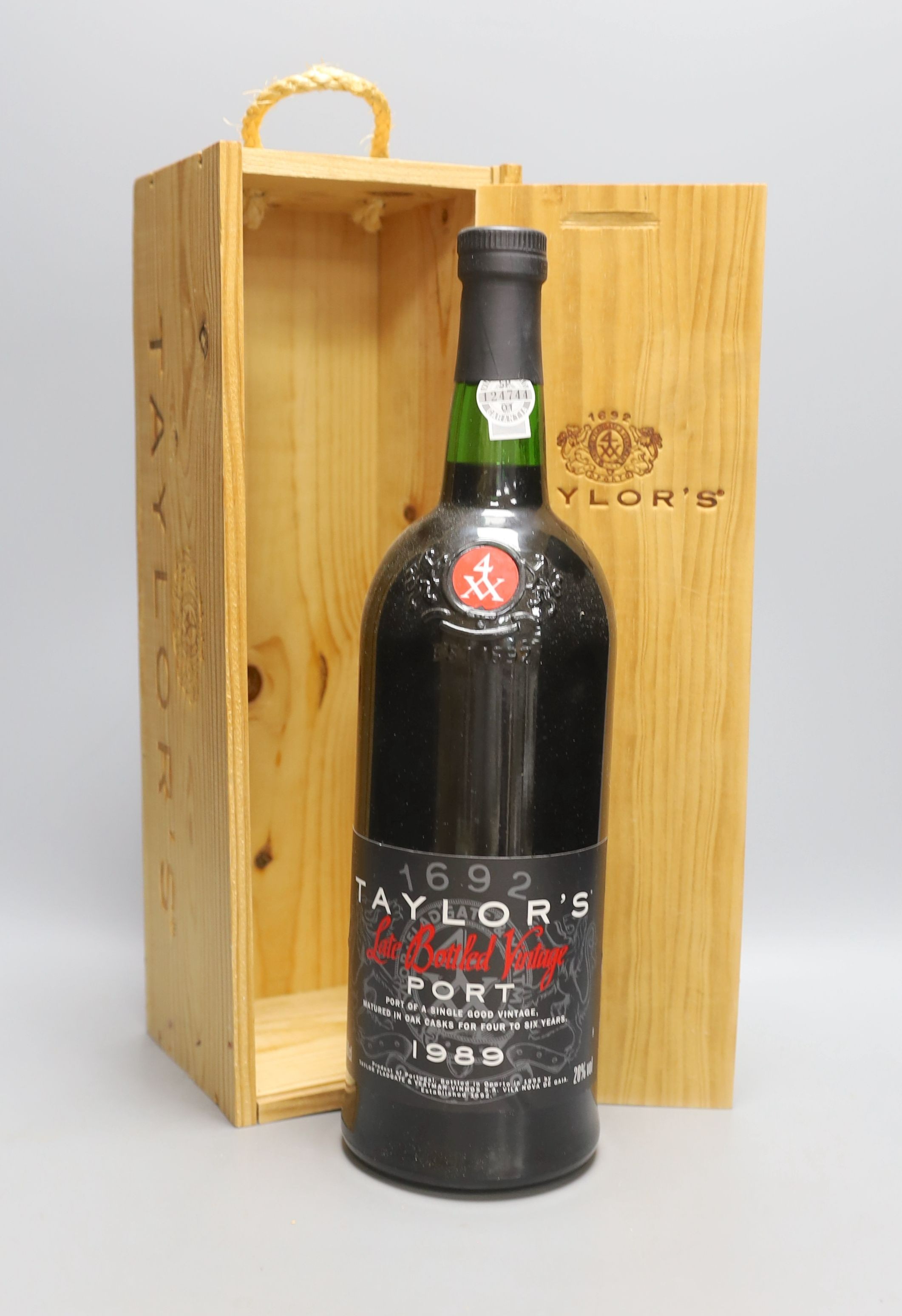 A boxed magnum of Taylor's 1989 late bottled vintage port.